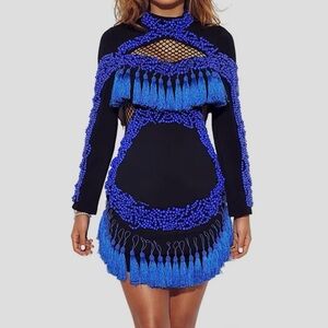 Elegant Blue and Black Women's Dress Beaded Mesh Tassel Dress